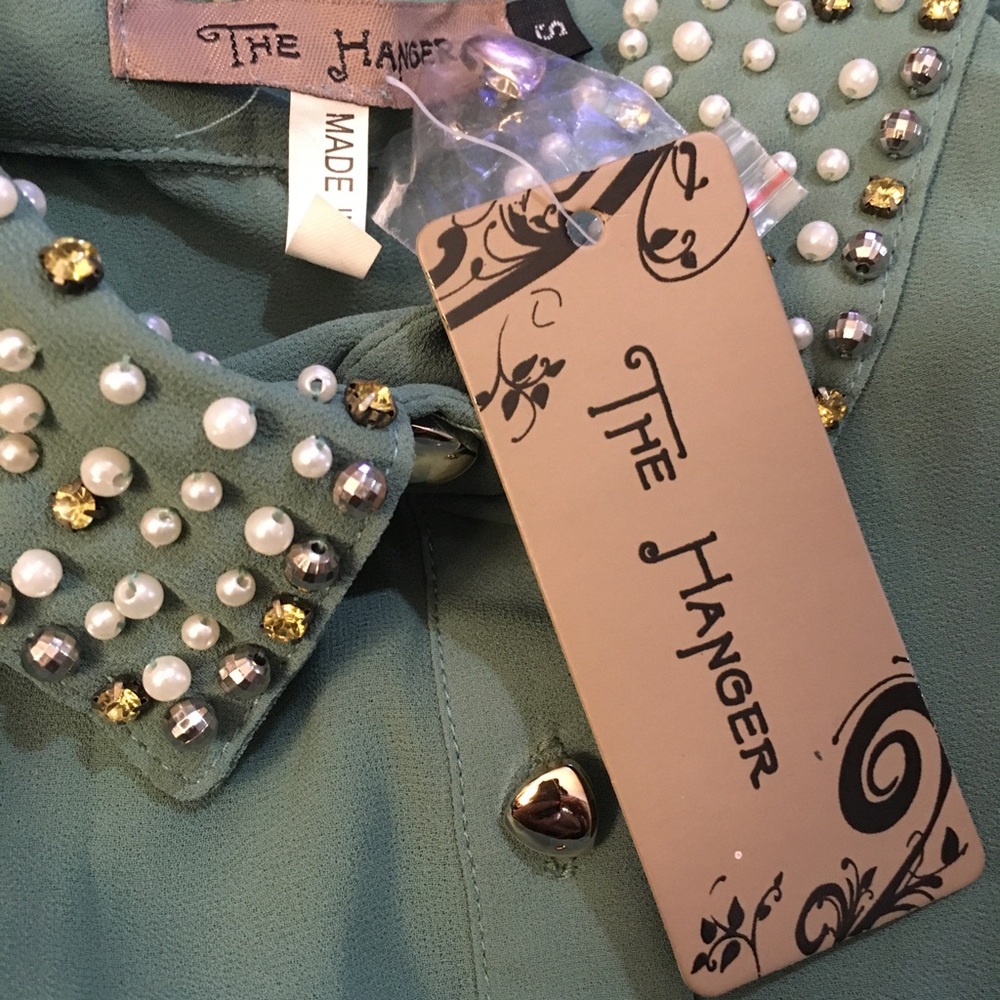 The Hanger SMALL Teal shirt top blouse Jeweled collar Buttons Long Open shoulder - Picture 5 of 8